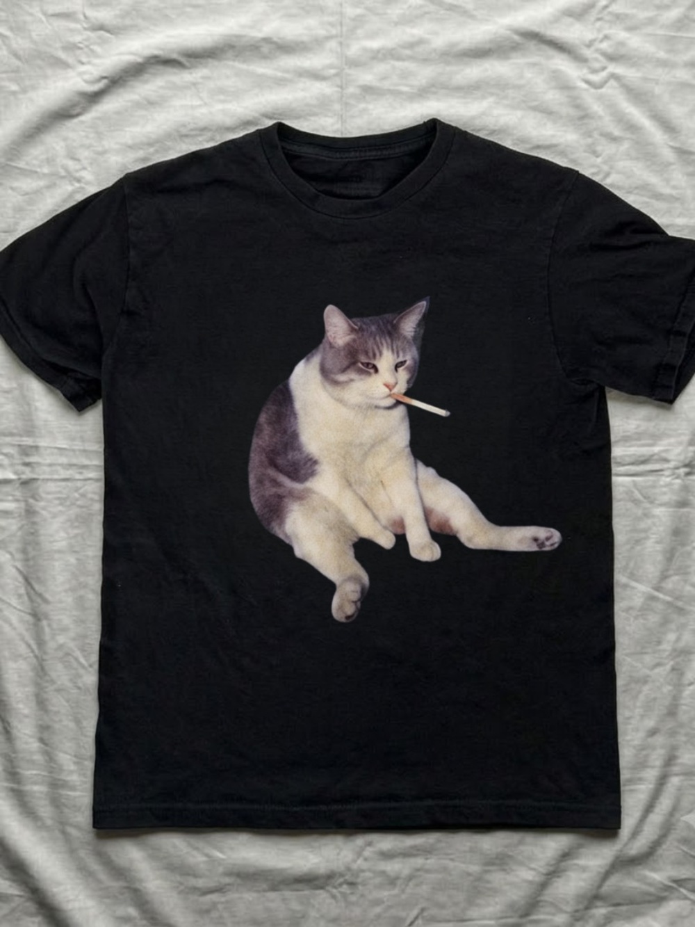 Gildan Black Short Sleeve Tee with Smoking Cat Graphic